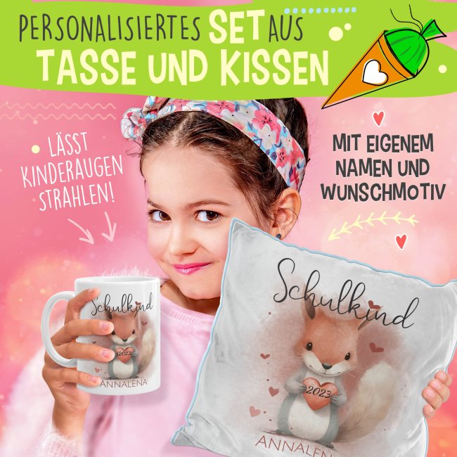 Geschenk-Set zur Einschulung - Flauschkissen hellblau &amp; Tasse - Eichh&ouml;rnchen - mit Name und Jahreszahl personalisierbar