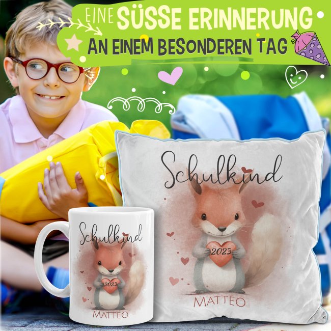 Geschenk-Set zur Einschulung - Flauschkissen hellblau &amp; Tasse - Eichh&ouml;rnchen - mit Name und Jahreszahl personalisierbar