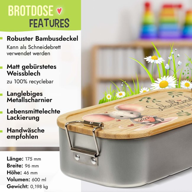 Geschenk-Set zur Einschulung - Trinkflasche &amp; Brotdose - Maus - mit Name und Jahreszahl personalisierbar