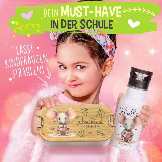 Geschenk-Set zur Einschulung - Trinkflasche &amp; Brotdose - Maus - mit Name und Jahreszahl personalisierbar