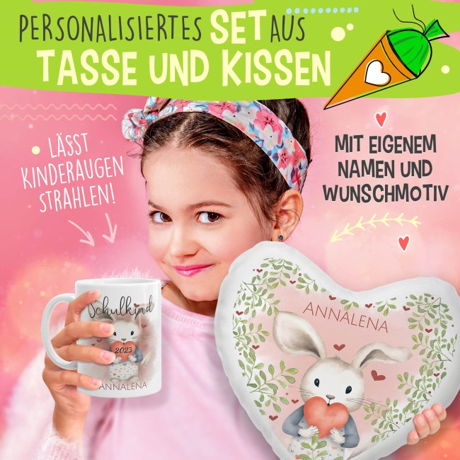 Geschenk-Set zur Einschulung - Herzkissen &amp; Keramiktasse - Hase - mit Name und Jahreszahl personalisierbar