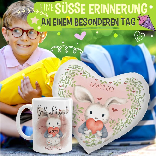 Geschenk-Set zur Einschulung - Herzkissen &amp; Keramiktasse - Hase - mit Name und Jahreszahl personalisierbar