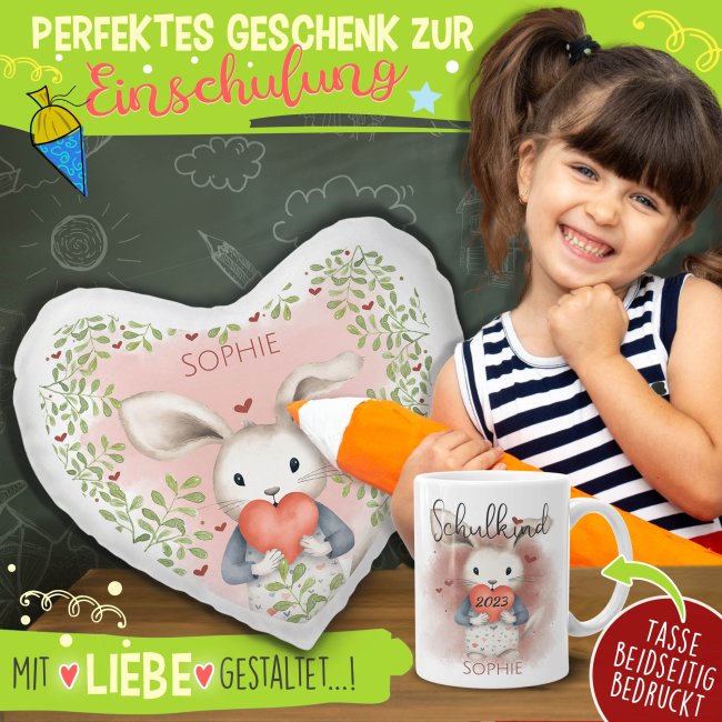 Geschenk-Set zur Einschulung - Herzkissen &amp; Keramiktasse - Hase - mit Name und Jahreszahl personalisierbar