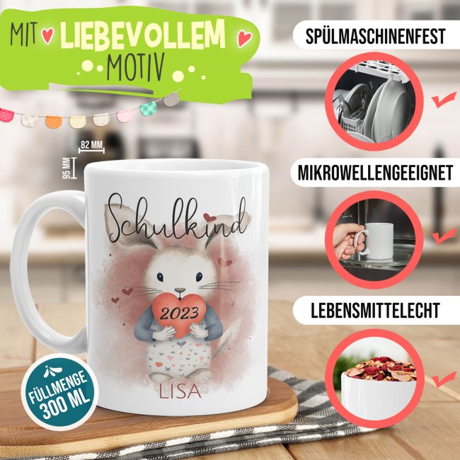 Geschenk-Set zur Einschulung - Herzkissen &amp; Keramiktasse - Hase - mit Name und Jahreszahl personalisierbar