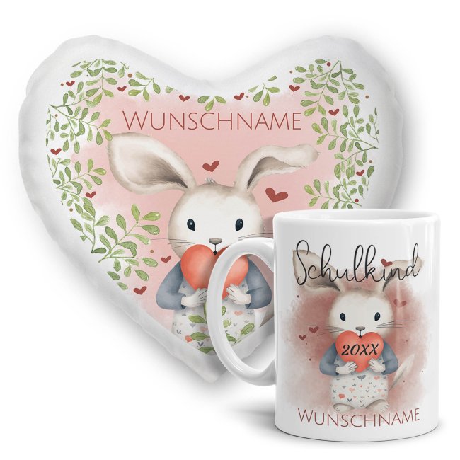 Geschenk-Set zur Einschulung - Herzkissen &amp; Keramiktasse - Hase - mit Name und Jahreszahl personalisierbar