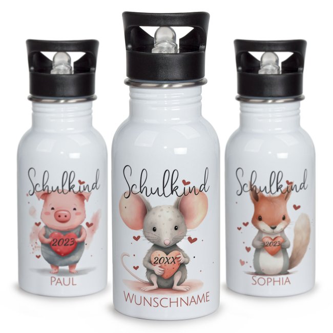 Edelstahl Trinkflasche f&uuml;r Schulkind - verschiedene Tiermotive - mit Name und Jahr personalisierbar - 500 ml