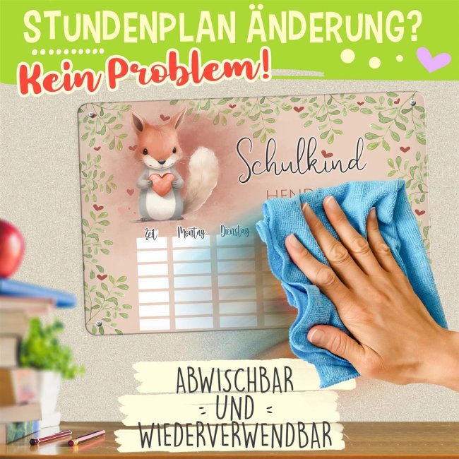 Abwischbarer Stundenplan - Schulkind - verschiedene Tiermotive - mit Name personalisierbar - mit Pilot Whiteboardmarker