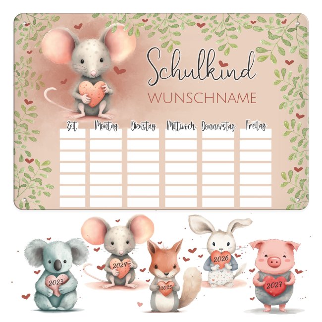 Abwischbarer Stundenplan - Schulkind - verschiedene Tiermotive - mit Name personalisierbar - mit Pilot Whiteboardmarker