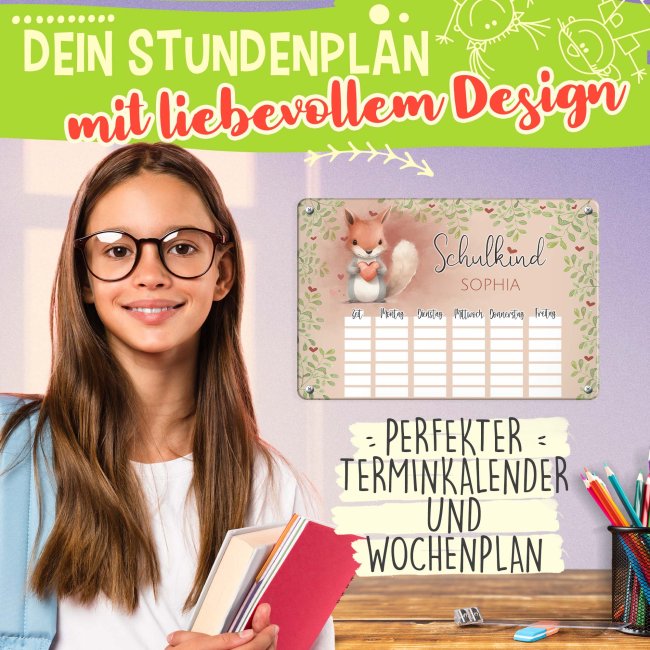 Abwischbarer Stundenplan - Schulkind - Eichh&ouml;rnchen - mit Name personalisierbar - mit Pilot Whiteboardmarker