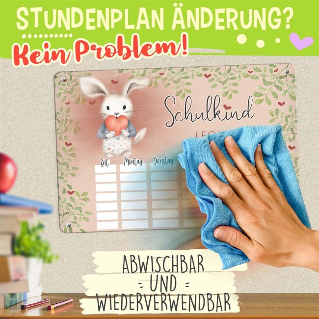 Abwischbarer Stundenplan - Schulkind - Hase - mit Name personalisierbar - mit Pilot Whiteboardmarker