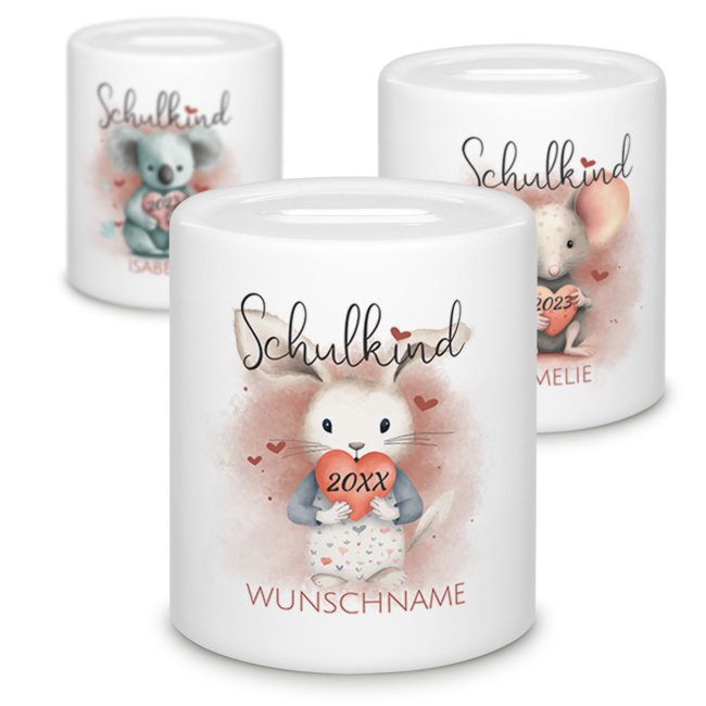 Personalisierbare Spardose als Geschenk zur Einschulung - verschiedene Tiermotive - mit Name und Jahr personalisierbar