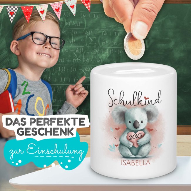 Personalisierbare Spardose als Geschenk zur Einschulung - verschiedene Tiermotive - mit Name und Jahr personalisierbar