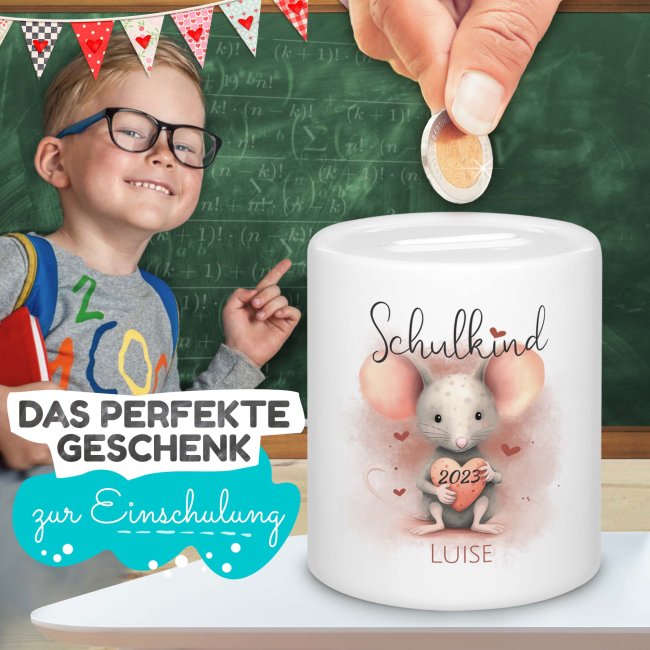 Personalisierbare Spardose als Geschenk zur Einschulung - Maus - mit Name und Jahr personalisierbar