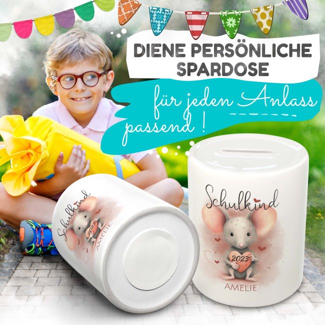 Personalisierbare Spardose als Geschenk zur Einschulung - Maus - mit Name und Jahr personalisierbar