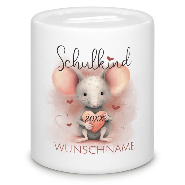 Personalisierbare Spardose als Geschenk zur Einschulung - Maus - mit Name und Jahr personalisierbar