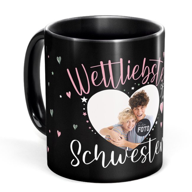 Schwarze Tasse mit Foto - Weltliebste - Weibliche Form