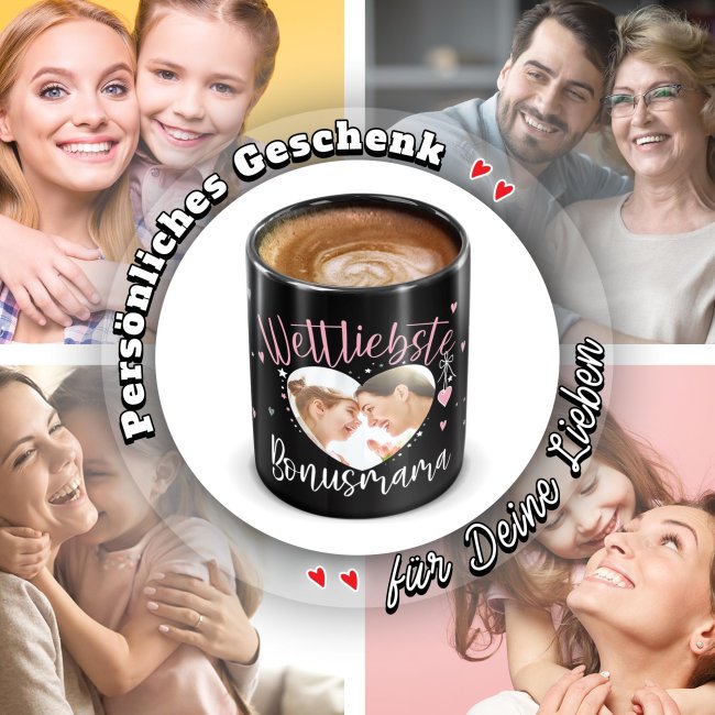 Schwarze Tasse mit Foto - Weltliebste Bonusmama