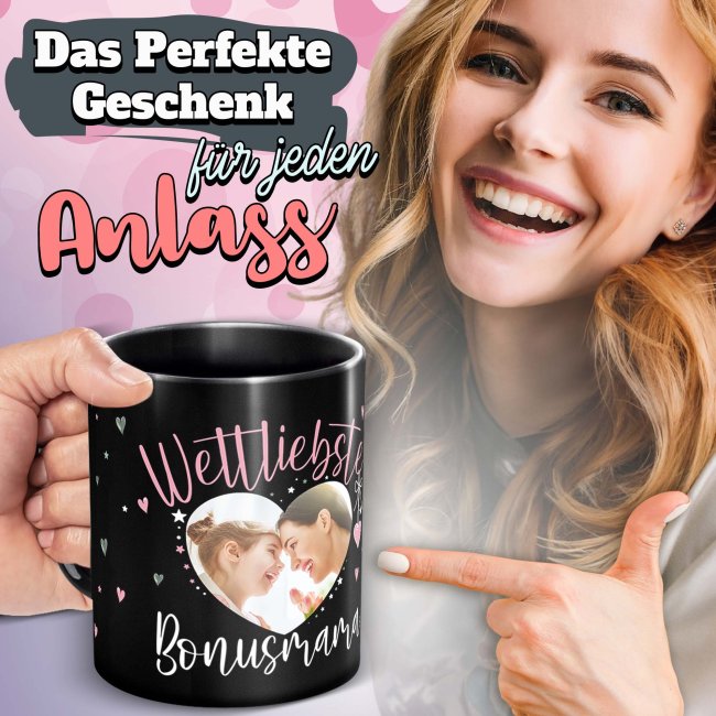 Schwarze Tasse mit Foto - Weltliebste Bonusmama