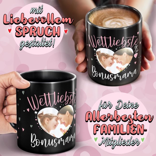 Schwarze Tasse mit Foto - Weltliebste Bonusmama