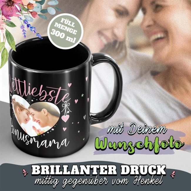 Schwarze Tasse mit Foto - Weltliebste Bonusmama