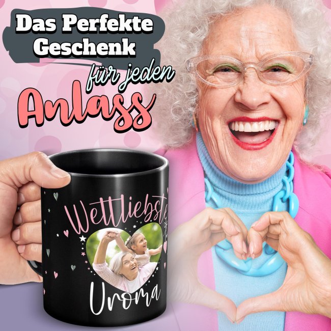 Schwarze Tasse mit Foto - Weltliebste Uroma