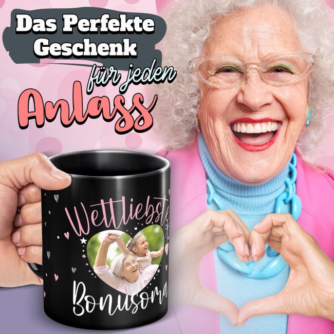 Schwarze Tasse mit Foto - Weltliebste Bonusoma