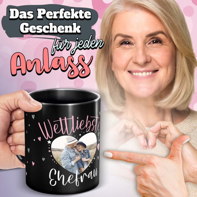 Schwarze Tasse mit Foto - Weltliebste Ehefrau