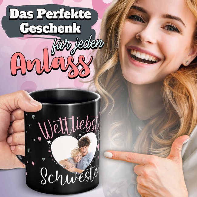 Schwarze Tasse mit Foto - Weltliebste Schwester