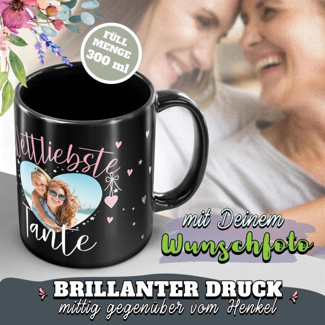 Schwarze Tasse mit Foto - Weltliebste Tante