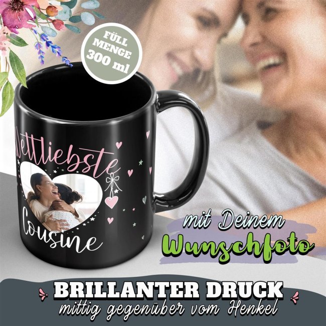 Schwarze Tasse mit Foto - Weltliebste Cousine