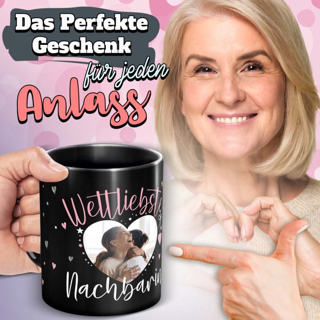 Schwarze Tasse mit Foto - Weltliebste Nachbarin