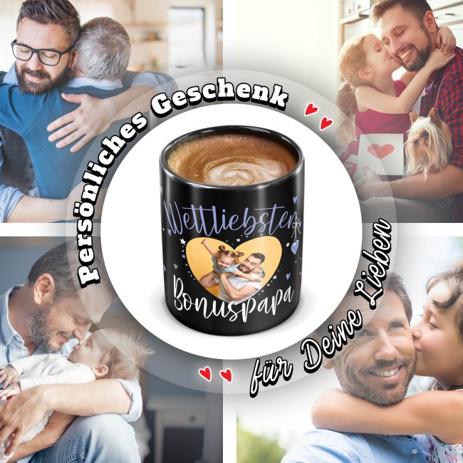 Schwarze Tasse mit Foto - Weltliebster Bonuspapa