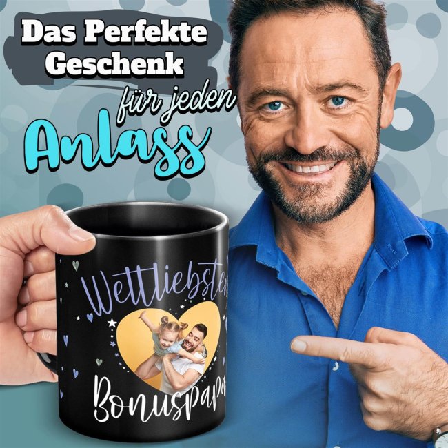 Schwarze Tasse mit Foto - Weltliebster Bonuspapa