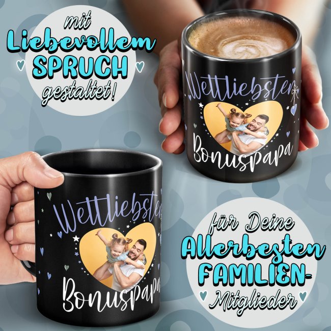 Schwarze Tasse mit Foto - Weltliebster Bonuspapa