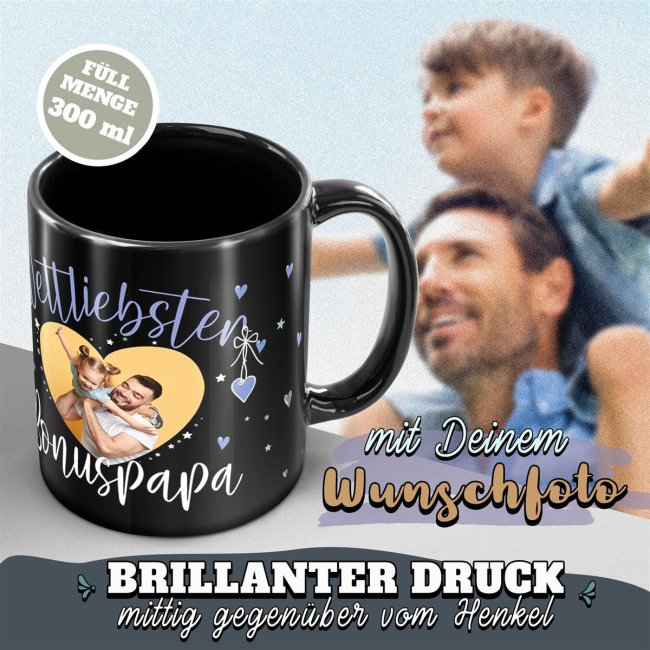 Schwarze Tasse mit Foto - Weltliebster Bonuspapa