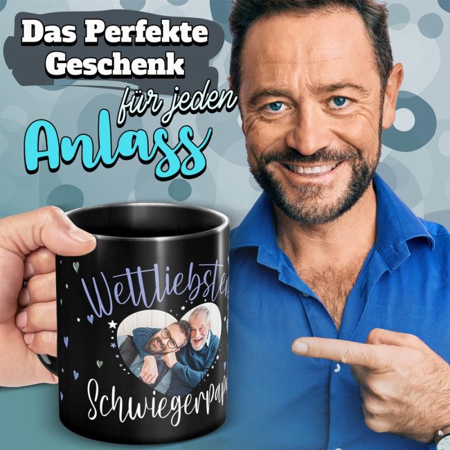 Schwarze Tasse mit Foto - Weltliebster Schwiegerpapa