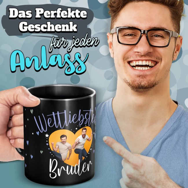 Schwarze Tasse mit Foto - Weltliebster Bruder