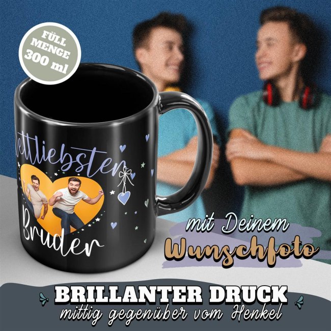 Schwarze Tasse mit Foto - Weltliebster Bruder