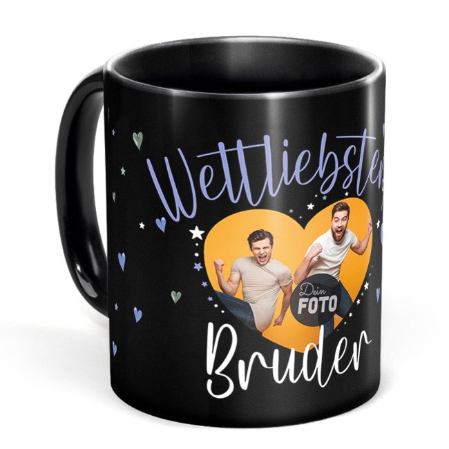 Schwarze Tasse mit Foto - Weltliebster Bruder