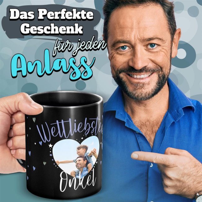 Schwarze Tasse mit Foto - Weltliebster Onkel