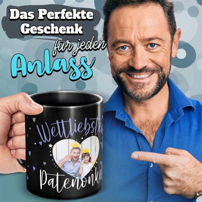 Schwarze Tasse mit Foto - Weltliebster Patenonkel