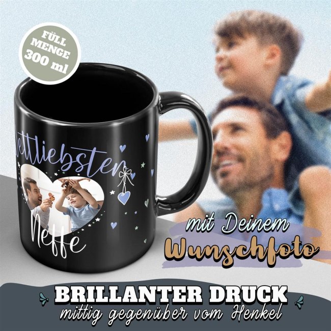 Schwarze Tasse mit Foto - Weltliebster Neffe