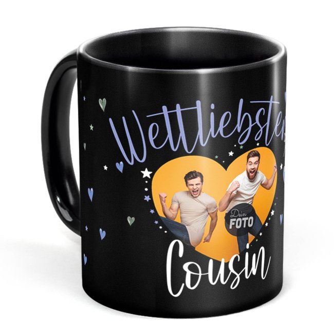 Schwarze Tasse mit Foto - Weltliebster Cousin