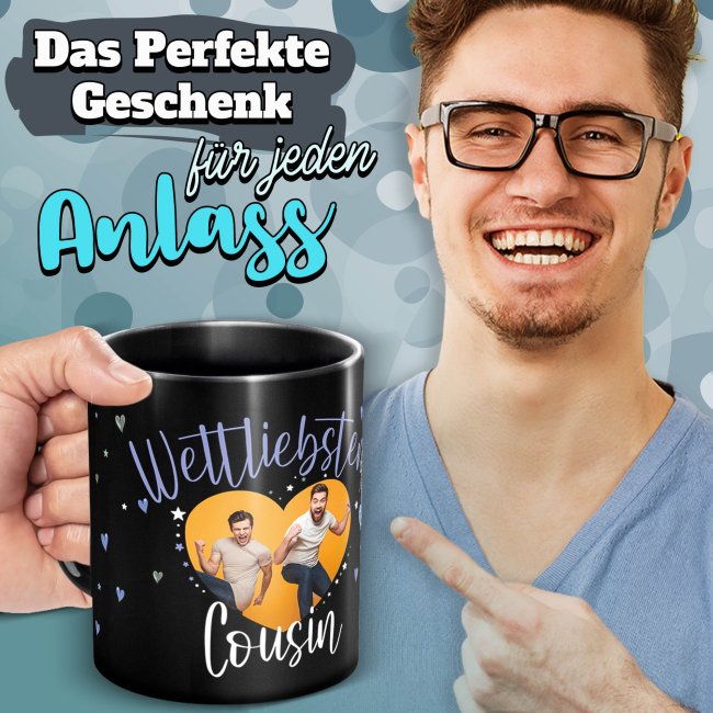 Schwarze Tasse mit Foto - Weltliebster Cousin