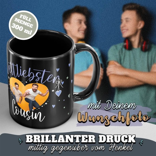 Schwarze Tasse mit Foto - Weltliebster Cousin