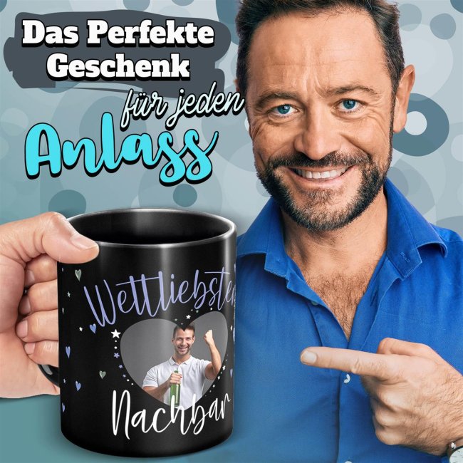 Schwarze Tasse mit Foto - Weltliebster Nachbar