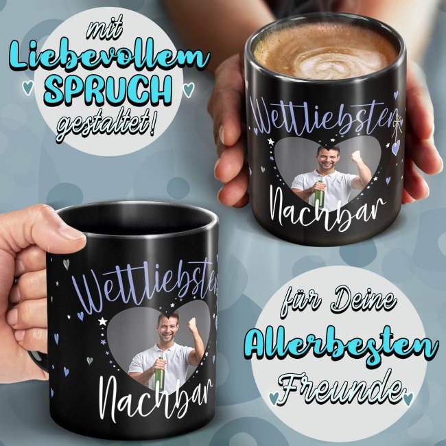 Schwarze Tasse mit Foto - Weltliebster Nachbar