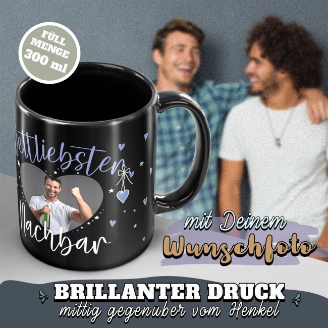 Schwarze Tasse mit Foto - Weltliebster Nachbar