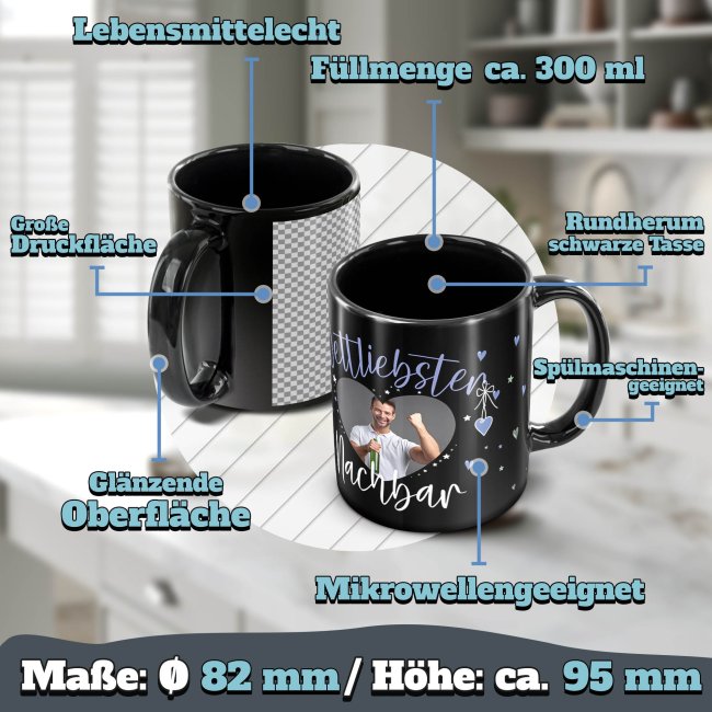 Schwarze Tasse mit Foto - Weltliebster Nachbar