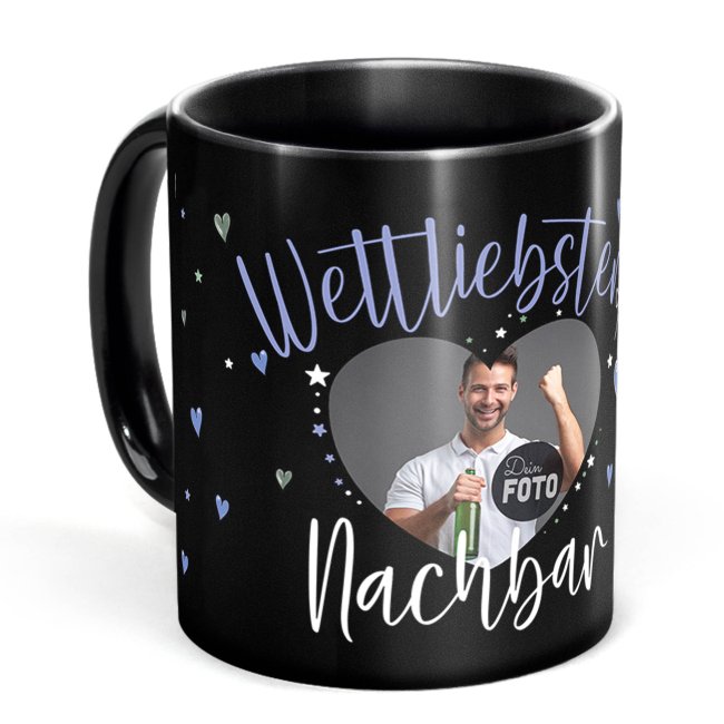 Schwarze Tasse mit Foto - Weltliebster Nachbar